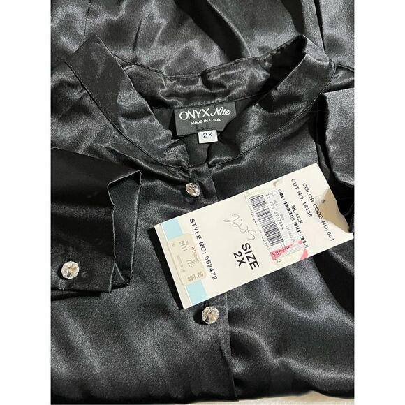 Onyx Nite Black Silky Long Sleeve Blouse Rhinestone Buttons Size XXL NWT - Picture 4 of 4